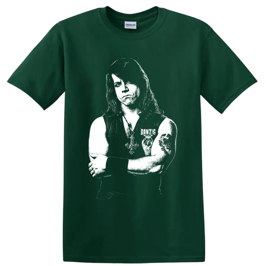 High-contrast Glenn Danzig portrait in stark punk rock graphic style on a Forest Green T Shirt