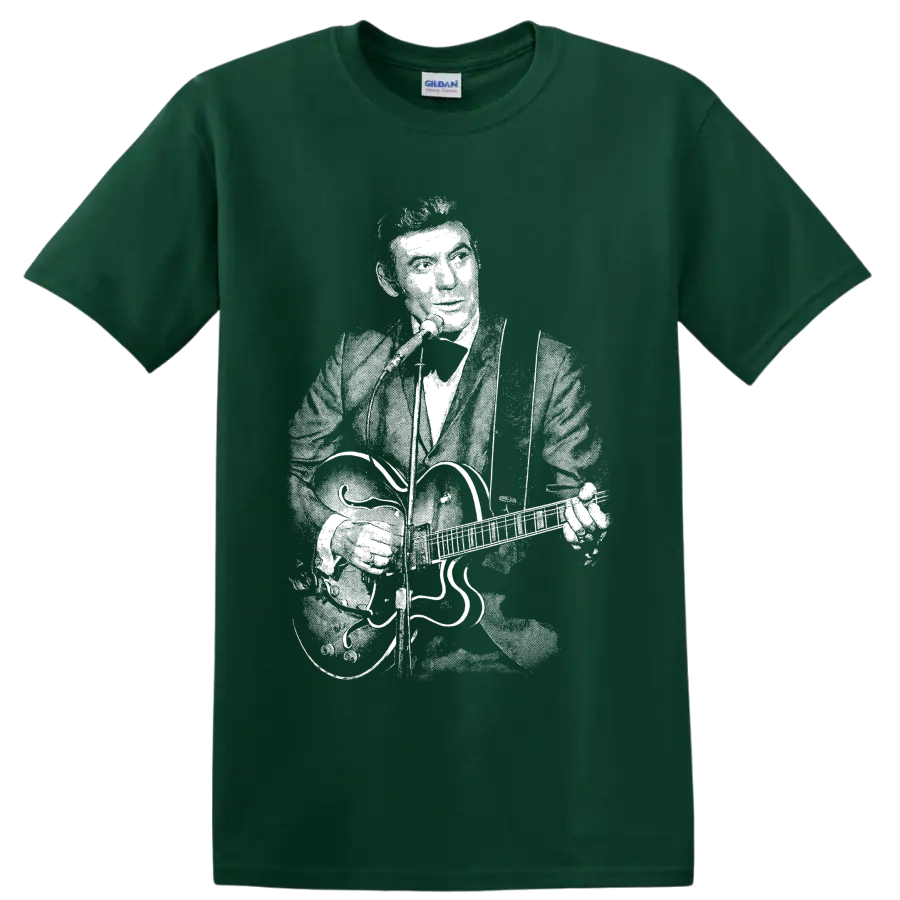 Monochrome Carl Perkins guitarist portrait in vintage rockabilly illustration style on a Forest Green T Shirt