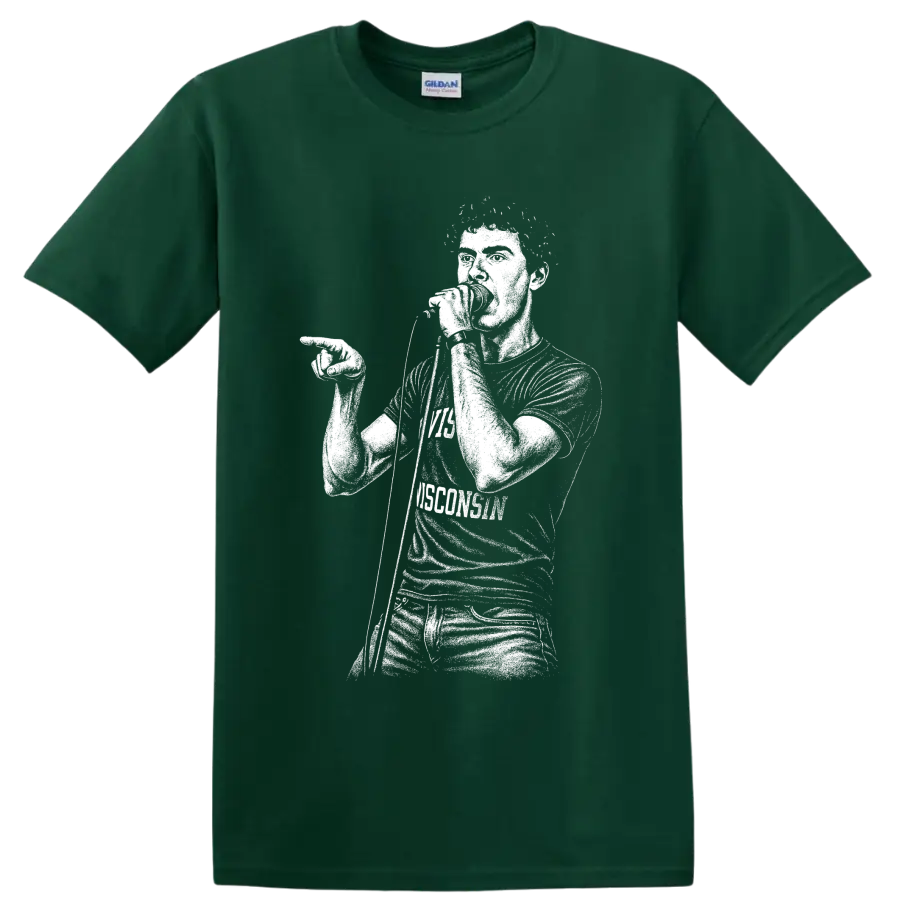Ian Curtis portrait in stark monochrome post-punk illustration style on a Forest Green T Shirt