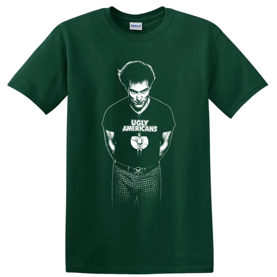 Bob Schneider Ugly Americans guitarist silhouette in bold monochrome graphic style on a Forest Green T Shirt