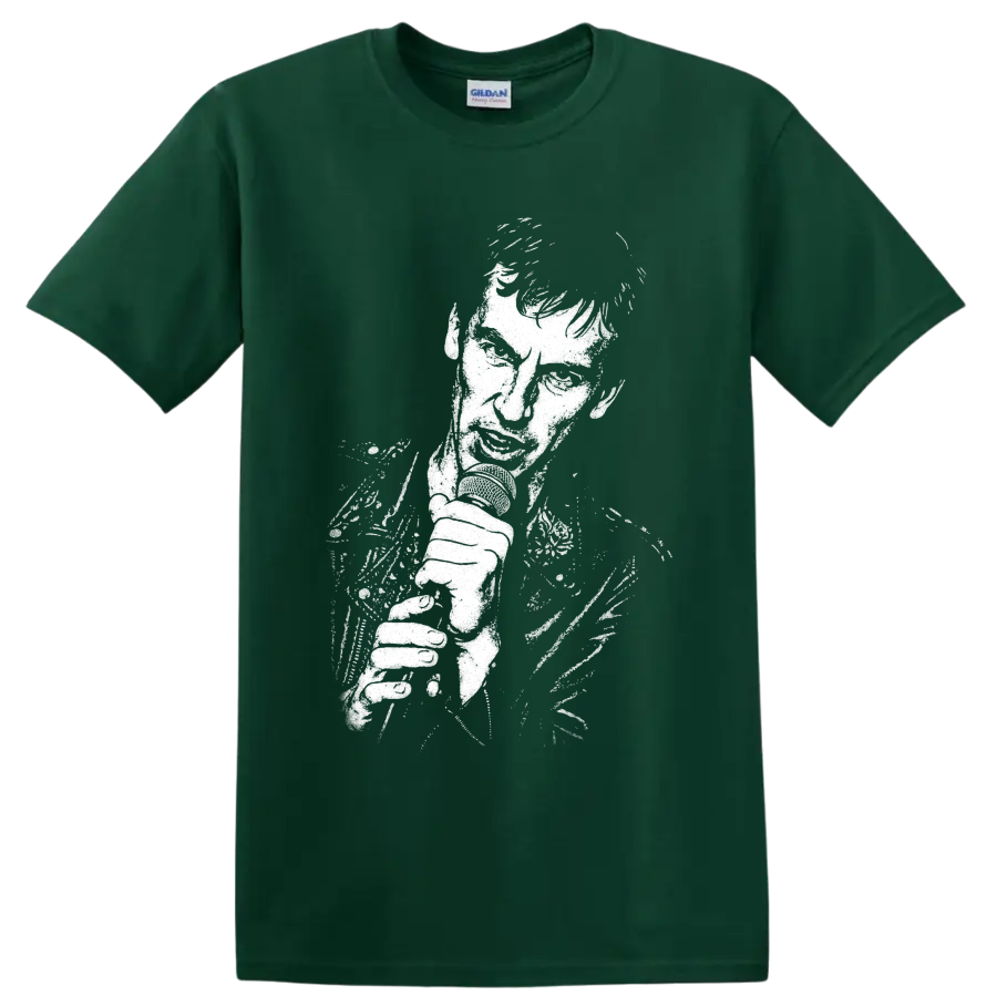 High-contrast Ian McCulloch guitar portrait in distressed post-punk style on a Forest Green T Shirt