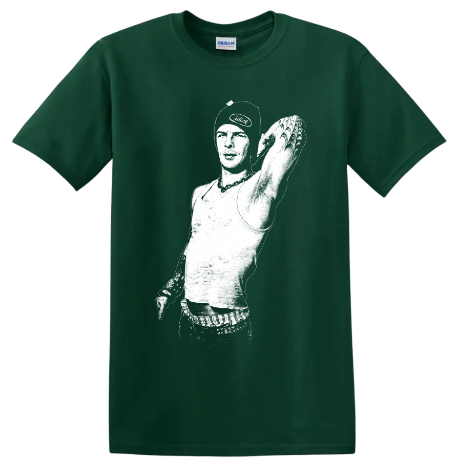 Anthony Kiedis white silhouette singer portrait with microphone and cap on a Forest Green T Shirt