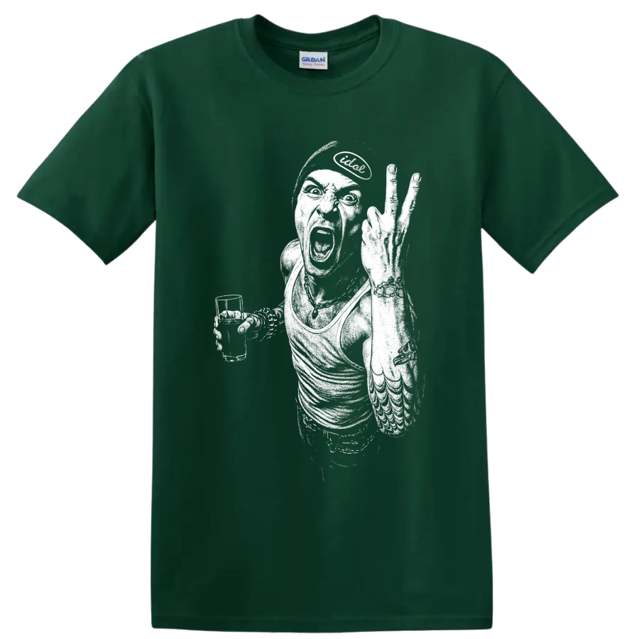 High-contrast Chester Bennington performance portrait with microphone and raised arm on a Forest Green T Shirt