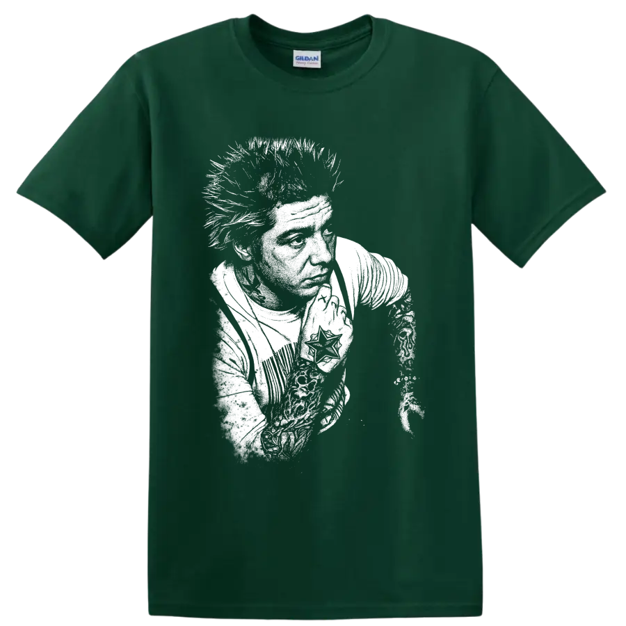 High-contrast Mitch Lucker portrait in a stark black-and-white deathcore graphic style on a Forest Green T Shirt