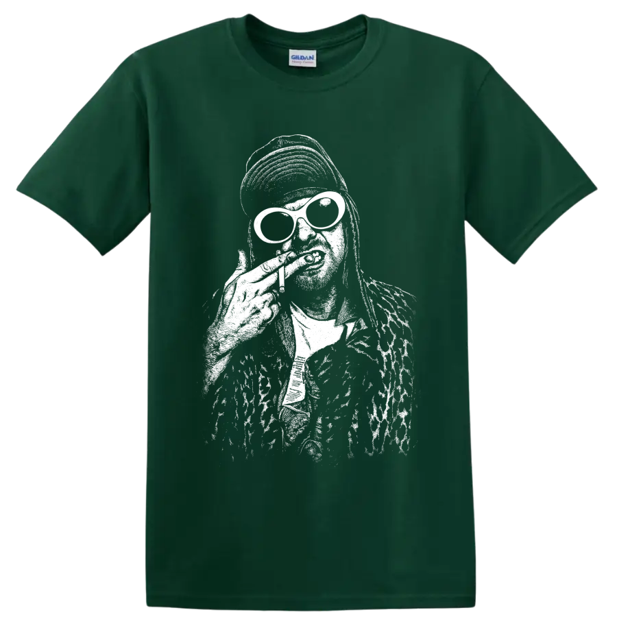 High-contrast Kurt Cobain Nirvana portrait in black-and-white grunge illustration on a Forest Green T Shirt