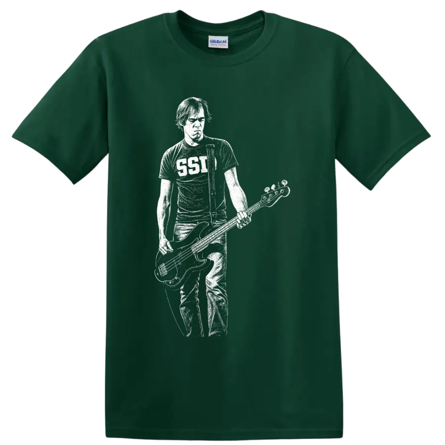 Krist Novoselic holding bass in a bold white minimalist grunge portrait on a Forest Green T Shirt