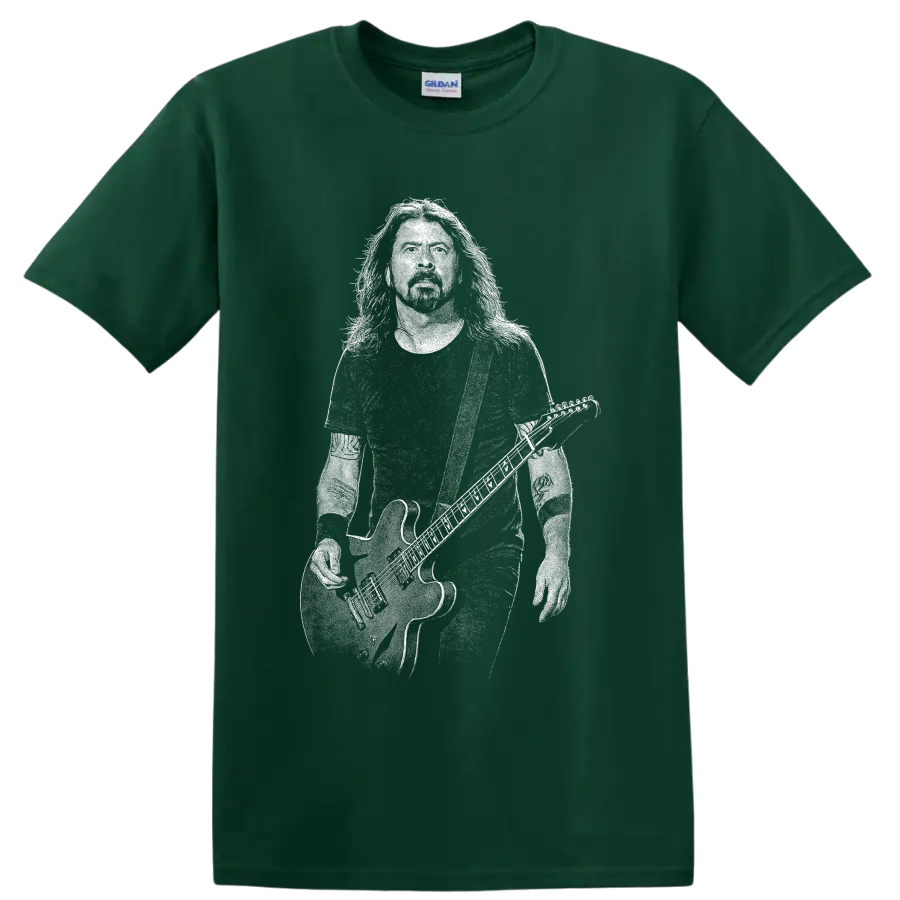 High-contrast Dave Grohl guitarist portrait silhouette graphic on a Forest Green T Shirt