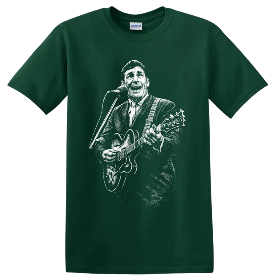 Carl Perkins high-contrast vintage-style rockabilly musician portrait graphic on a Forest Green T Shirt
