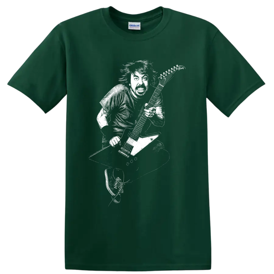 Dave Grohl guitarist silhouette with microphone in bold monochrome rock performance style on a Forest Green T Shirt