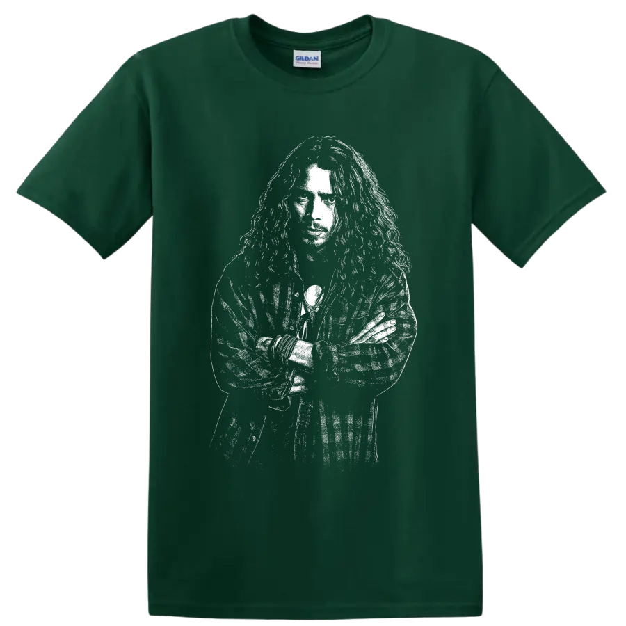 High-contrast Chris Cornell portrait in distressed grunge rock illustration style on a Forest Green T Shirt
