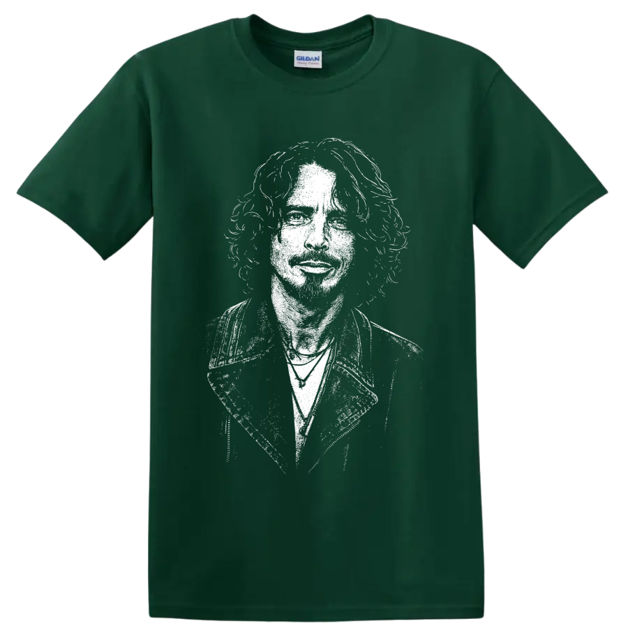 High-contrast Chris Cornell portrait in a bold monochrome grunge rock style on a Forest Green T Shirt