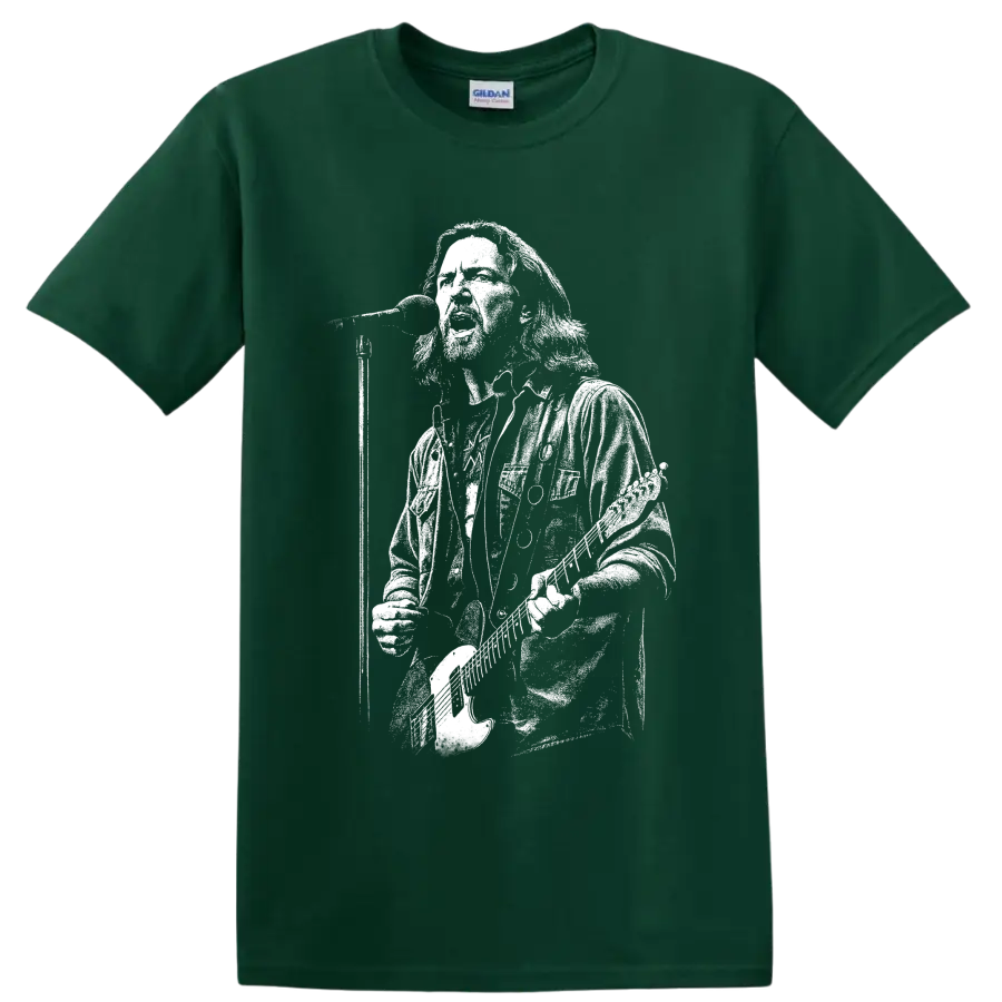Monochrome Eddie Vedder guitar portrait in bold high-contrast rock illustration on a Forest Green T Shirt