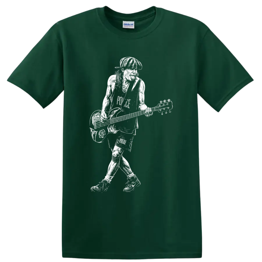 Flea playing bass in a bold white musician silhouette graphic on a Forest Green T Shirt