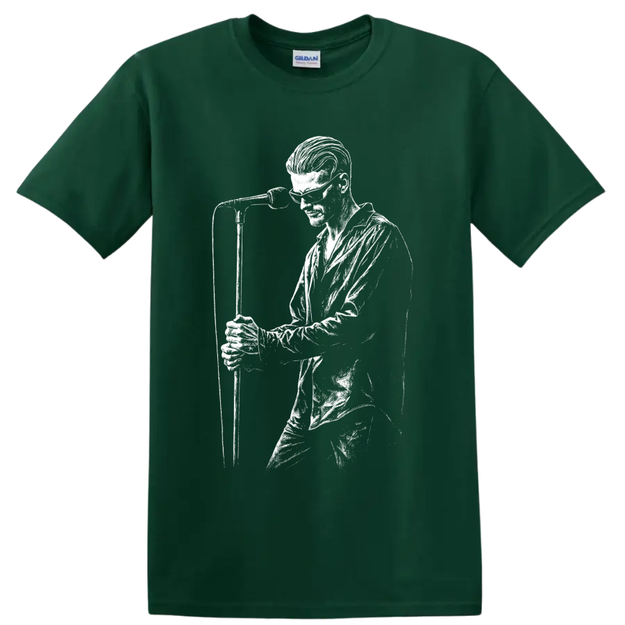 High-contrast Layne Staley Alice in Chains performance portrait in white graphic art on a Forest Green T Shirt