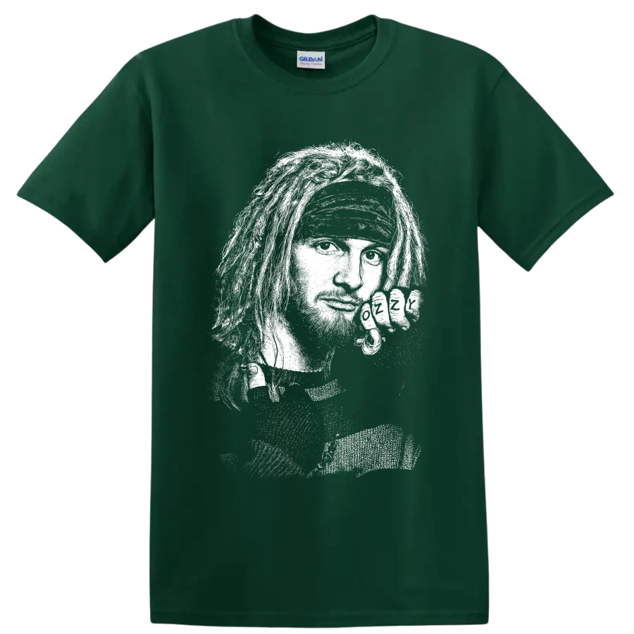 Layne Staley Alice In Chains high-contrast monochrome grunge portrait graphic on a Forest Green T Shirt