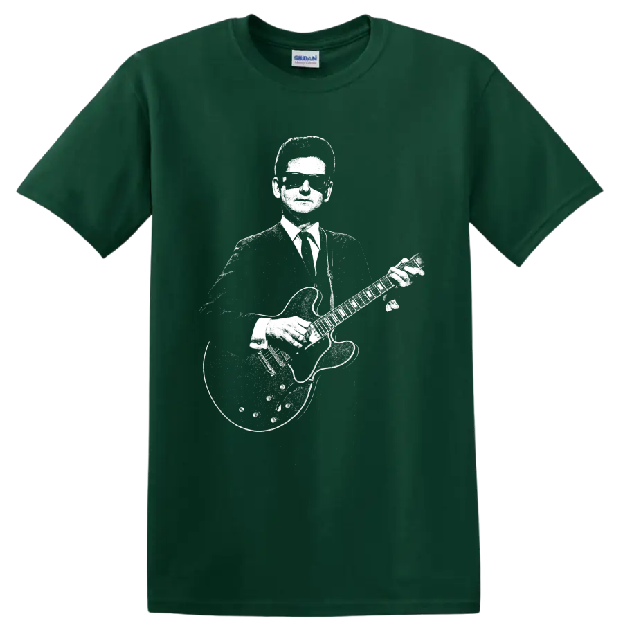 Roy Orbison-style high-contrast guitar portrait in vintage rock and roll graphic art on a Forest Green T Shirt