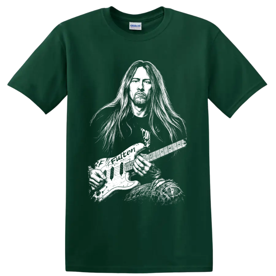 Jerry Cantrell monochrome portrait in a high-contrast grunge rock poster style on a Forest Green T Shirt