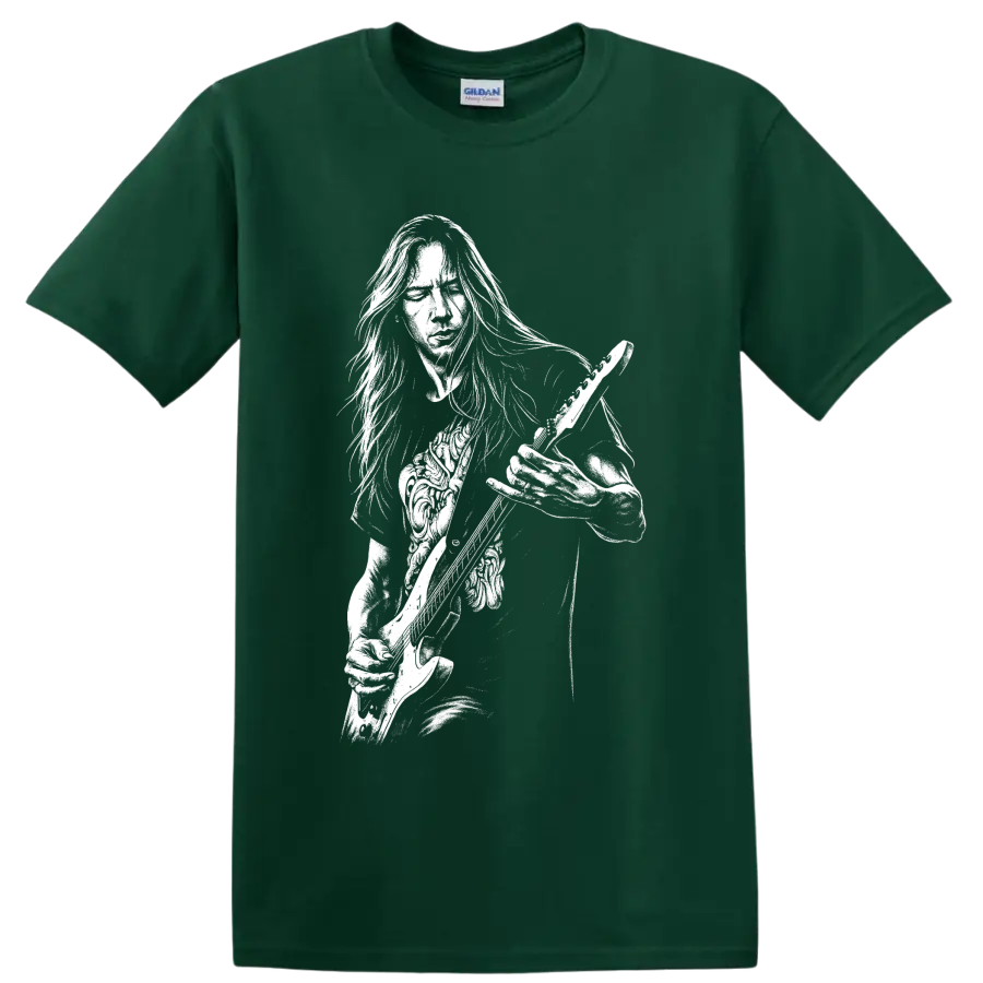 High-contrast Jerry Cantrell guitarist portrait holding a guitar in rock poster style on a Forest Green T Shirt