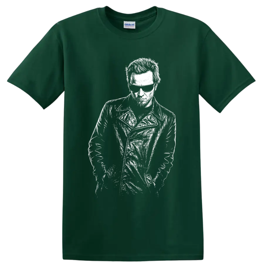 High-contrast monochrome Layne Staley portrait in Alice in Chains grunge style on a Forest Green T Shirt