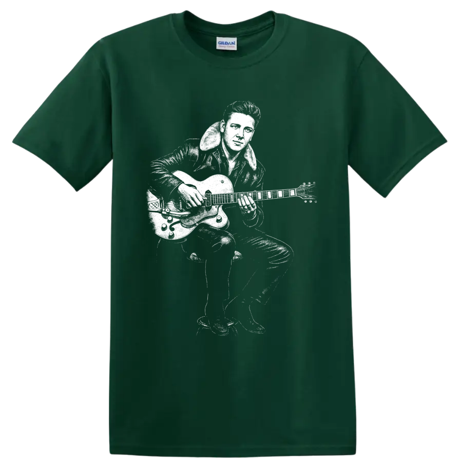 Eddie Cochran playing electric guitar in bold high-contrast rockabilly performance art on a Forest Green T Shirt