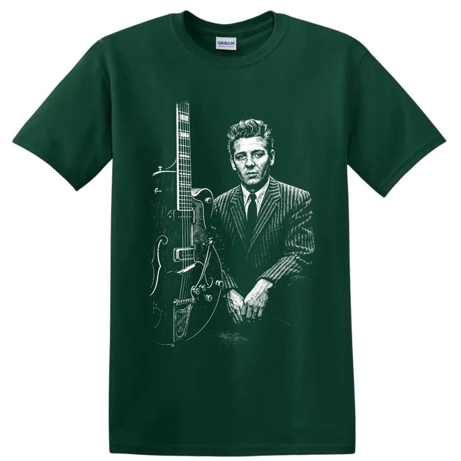 Eddie Cochran holding guitar in high-contrast vintage rockabilly performance portrait on a Forest Green T Shirt