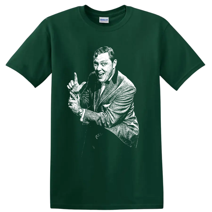 High-contrast vintage-style Bill Haley portrait with guitar on a Forest Green T Shirt
