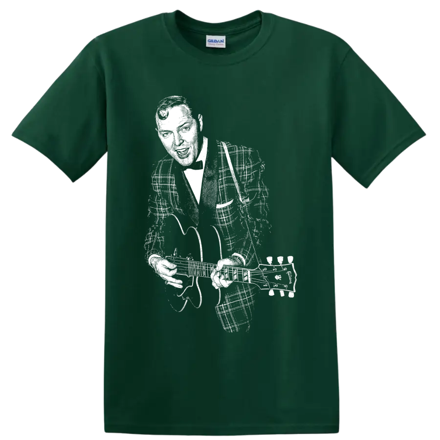 High-contrast vintage-style Bill Haley portrait with guitar on a Forest Green T Shirt