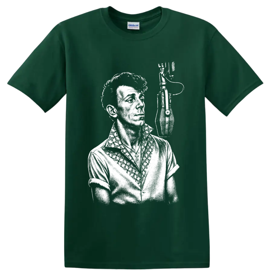High-contrast Gene Vincent portrait in a bold vintage rockabilly style on a Forest Green T Shirt