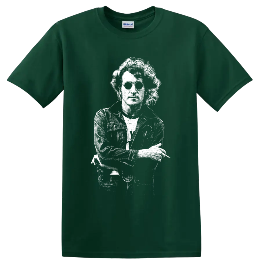 White John Lennon guitar portrait in bold stencil-style British rock artwork on a Forest Green T Shirt