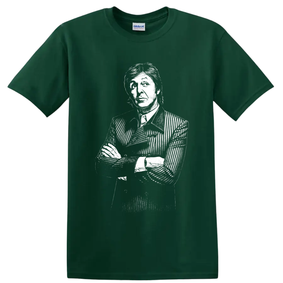 High-contrast monochrome portrait graphic of Paul McCartney of The Beatles on a Forest Green T Shirt