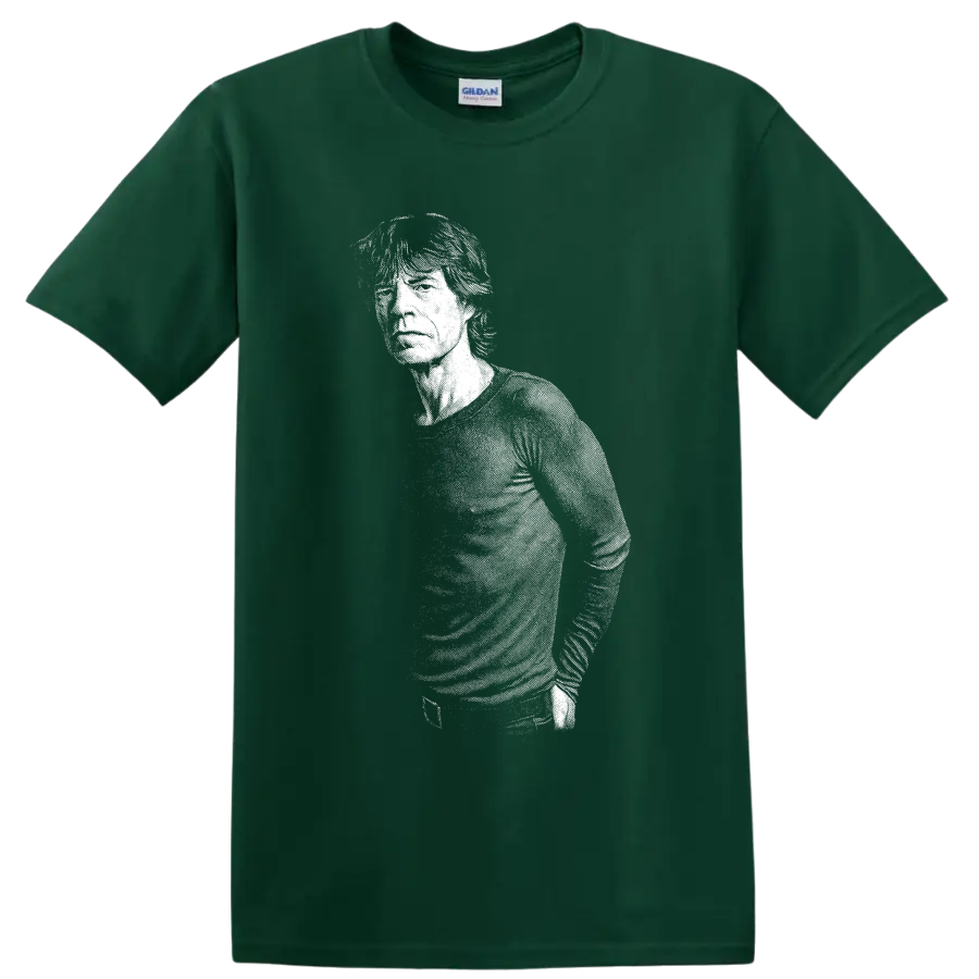 Mick Jagger black-and-white silhouette portrait in bold rock graphic style on a Forest Green T Shirt