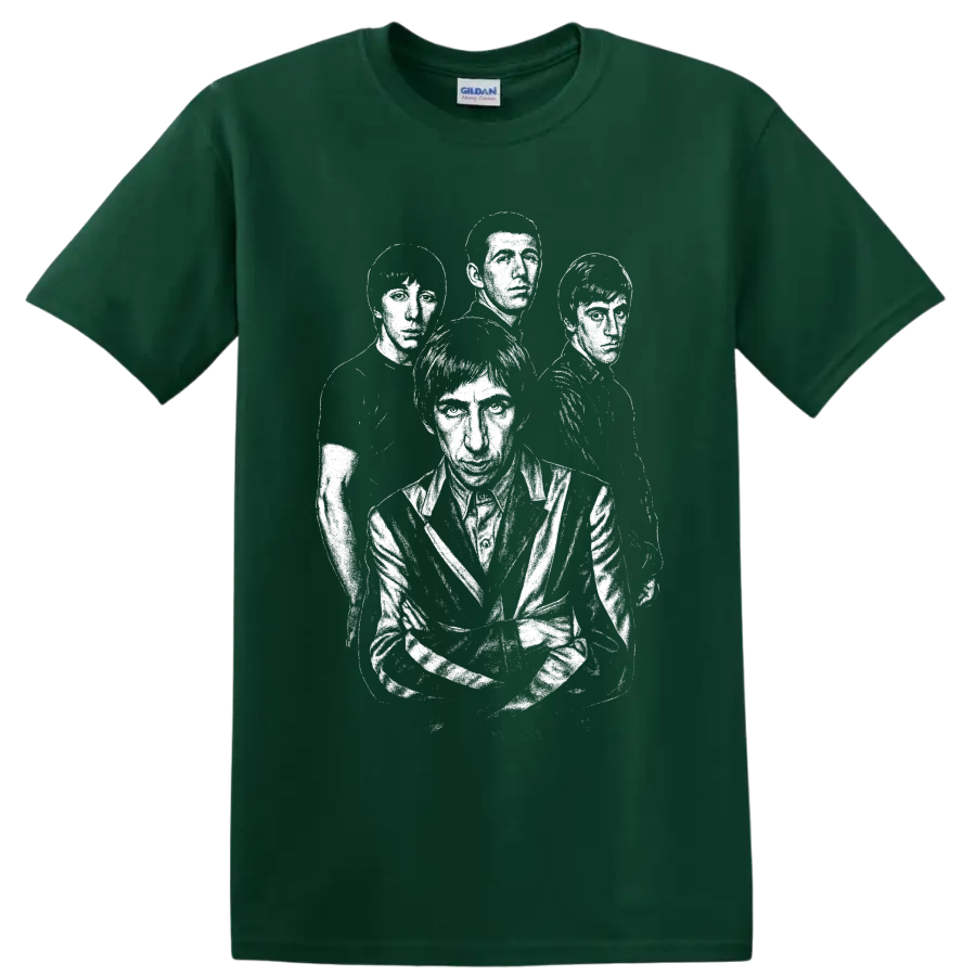 High-contrast four-member portrait of The Who in vintage British rock style on a Forest Green T Shirt