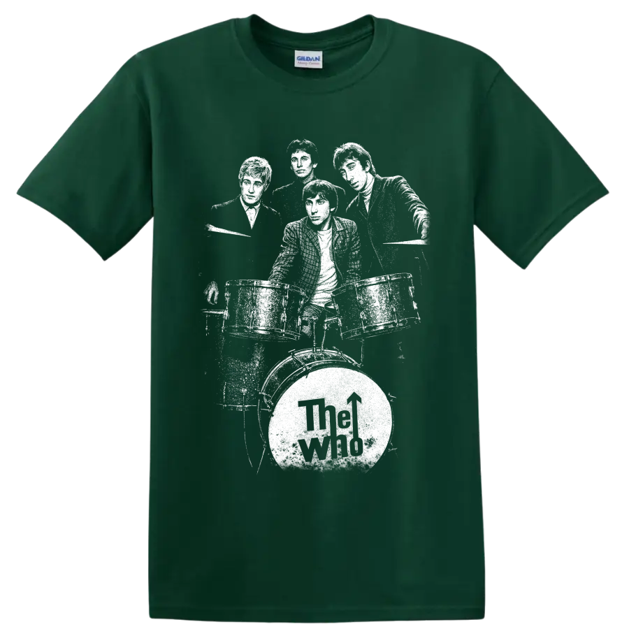 High-contrast portrait collage of The Who band members on a Forest Green T Shirt