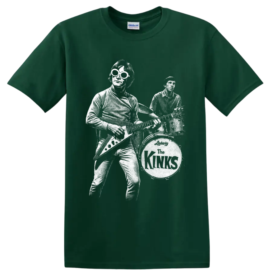 High-contrast white portrait graphic of The Kinks Dave Davies and Mick Avory on a Forest Green T Shirt