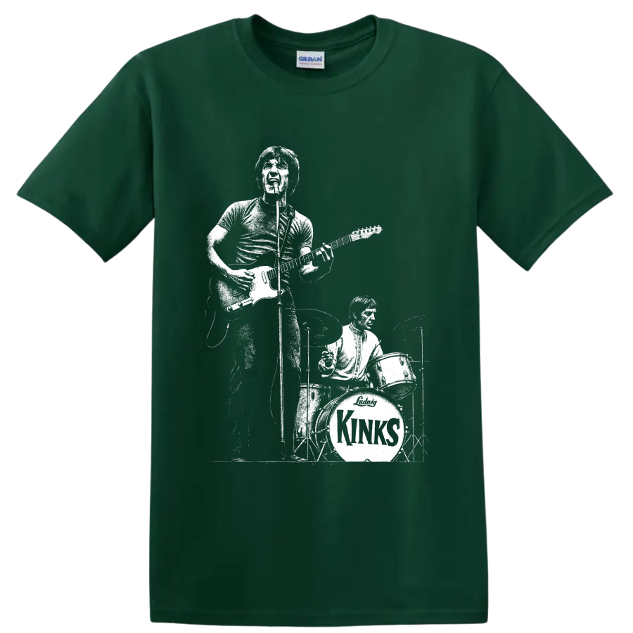 Monochrome The Kinks Ray Davies and Mick Avory guitar and drums performance graphic on a Forest Green T Shirt
