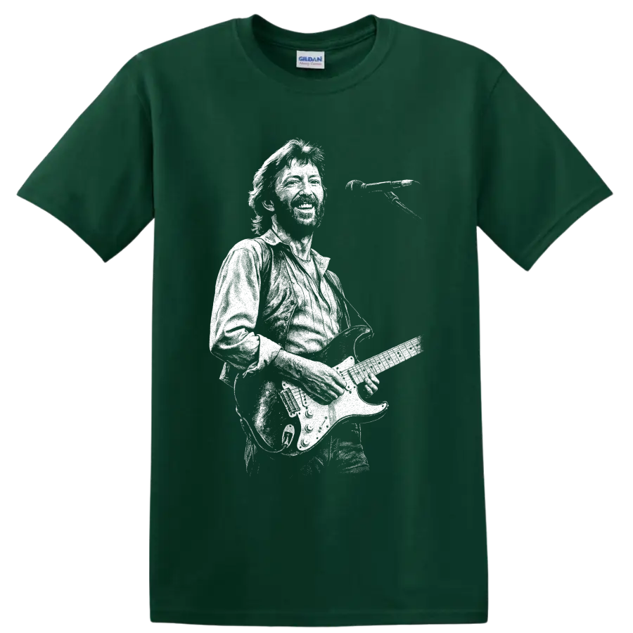 Eric Clapton guitarist silhouette with electric guitar in bold monochrome style on a Forest Green T Shirt