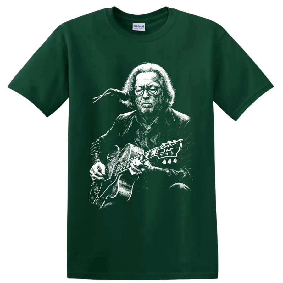 High-contrast Eric Clapton guitarist portrait with electric guitar on a Forest Green T Shirt