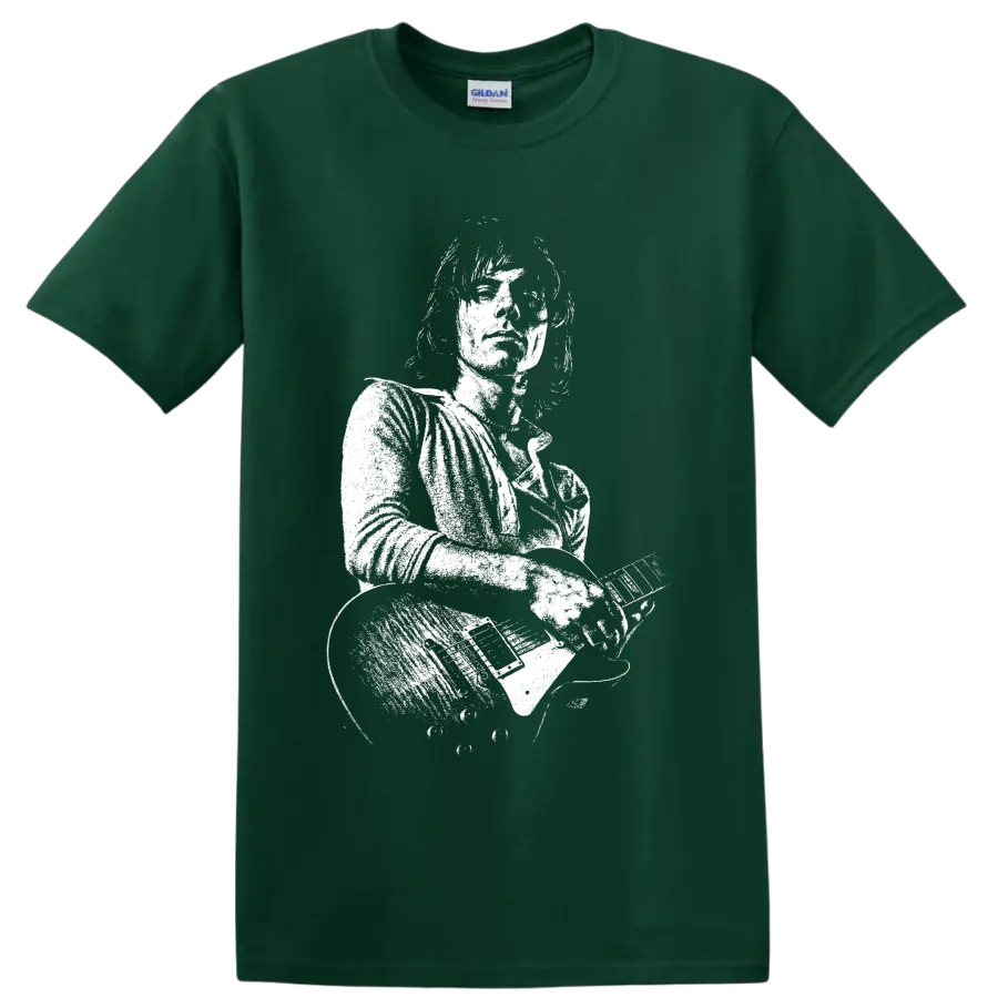 High-contrast Jeff Beck guitarist portrait with electric guitar in stencil-style art on a Forest Green T Shirt