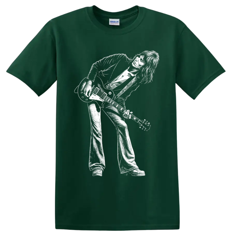 High-contrast Jimmy Page guitarist stage performance portrait graphic on a Forest Green T Shirt