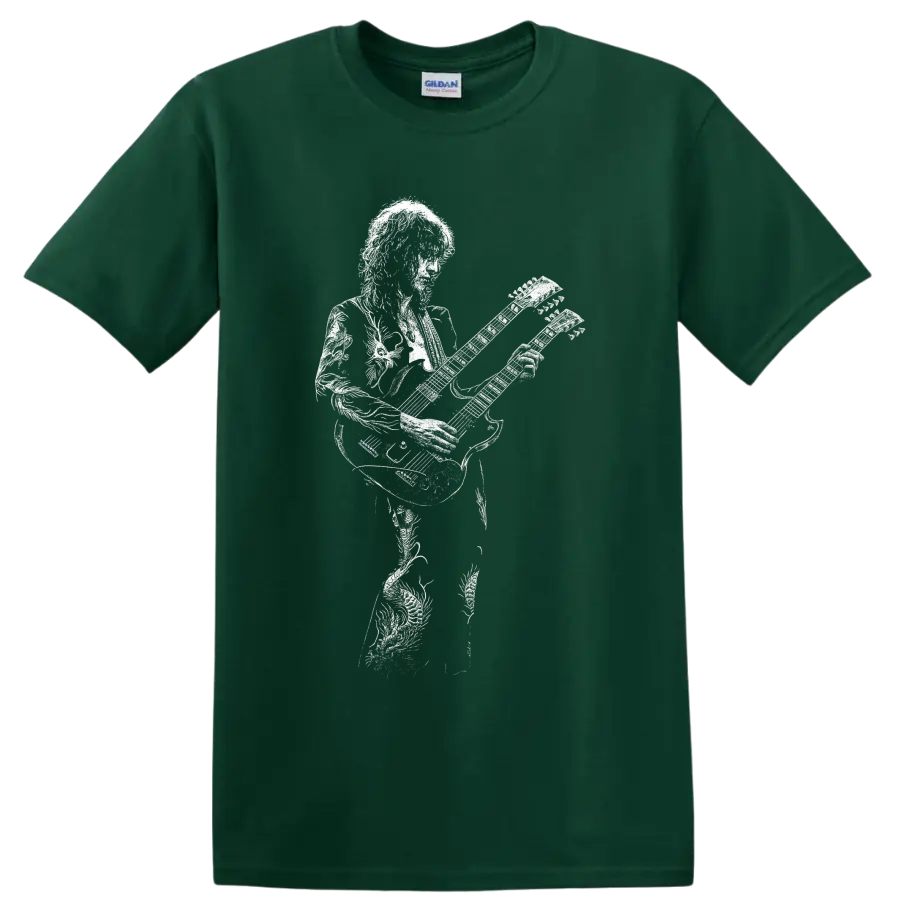 White Jimmy Page guitarist silhouette playing electric guitar in minimalist rock style on a Forest Green T Shirt