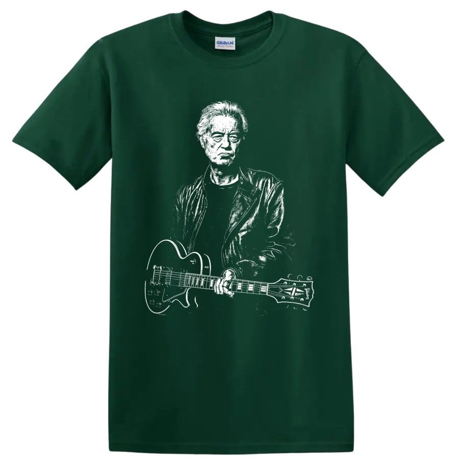 Jimmy Page Led Zeppelin guitarist with double-neck guitar silhouette graphic on a Forest Green T Shirt