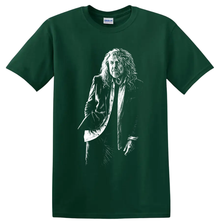 Monochrome Robert Plant holding microphone portrait in vintage rock illustration style on a Forest Green T Shirt