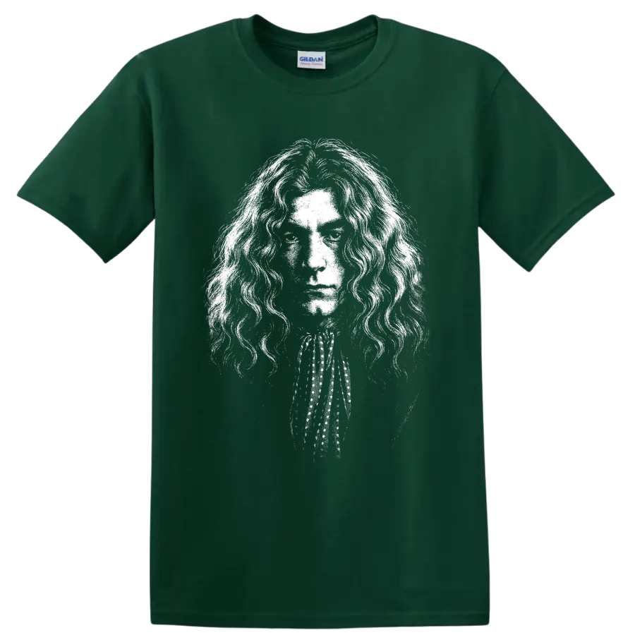 High-contrast black-and-white Robert Plant Led Zeppelin singer portrait on a Forest Green T Shirt