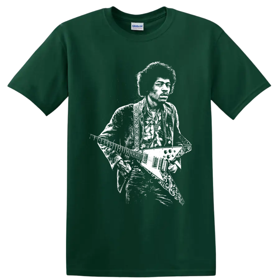 Jimi Hendrix guitarist portrait with guitar in high-contrast retro rock style on a Forest Green T Shirt