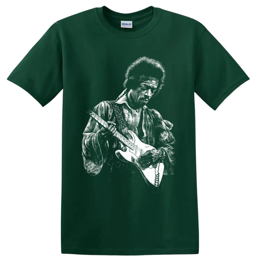 High-contrast Jimi Hendrix guitarist portrait in vintage rock poster style on a Forest Green T Shirt