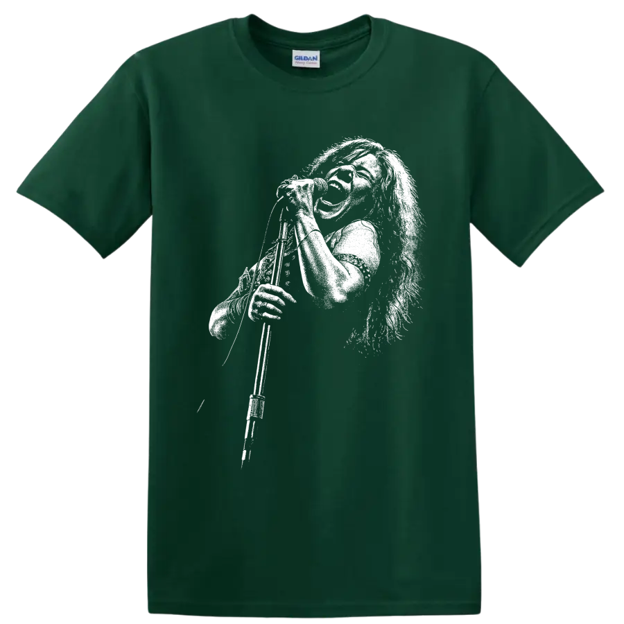 Janis Joplin monochrome portrait in a bold rock and blues music graphic style on a Forest Green T Shirt