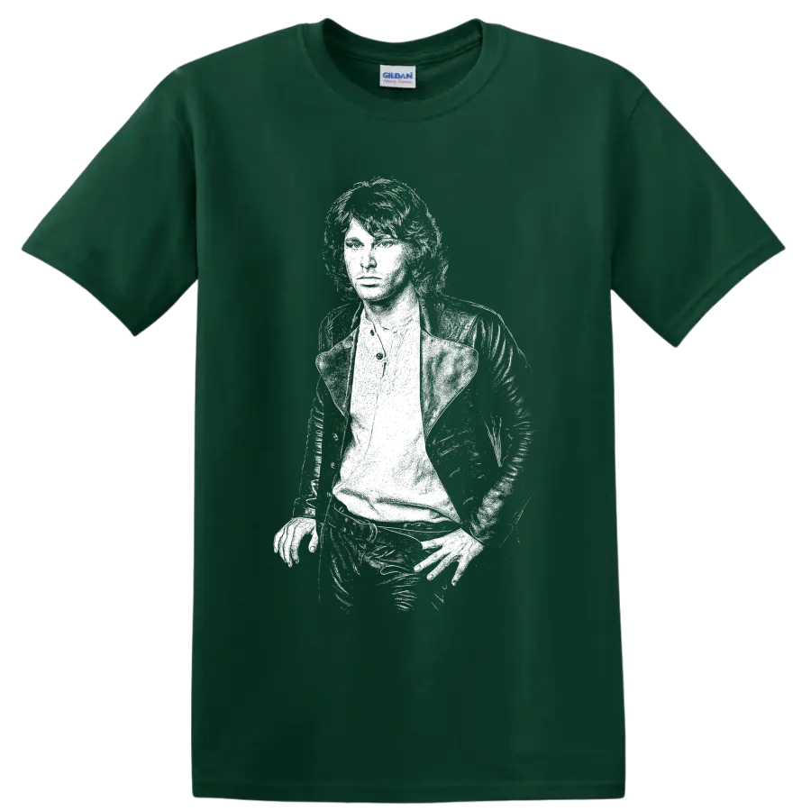 High-contrast white Jim Morrison portrait graphic inspired by The Doors on a Forest Green T Shirt