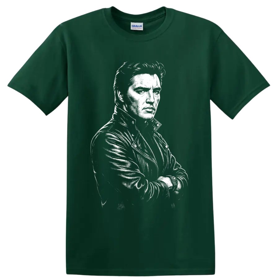 Elvis Presley black-and-white vintage-style rock and roll portrait graphic on a Forest Green T Shirt