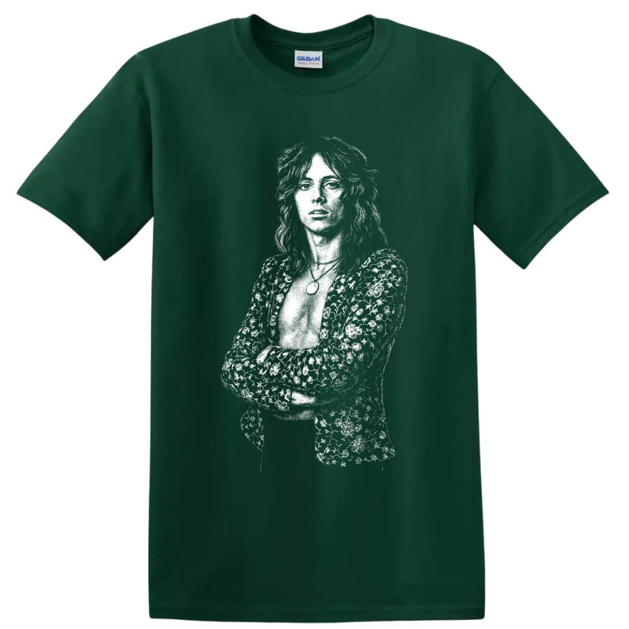 High-contrast Roger Taylor of Queen drummer portrait in monochrome rock art style on a Forest Green T Shirt