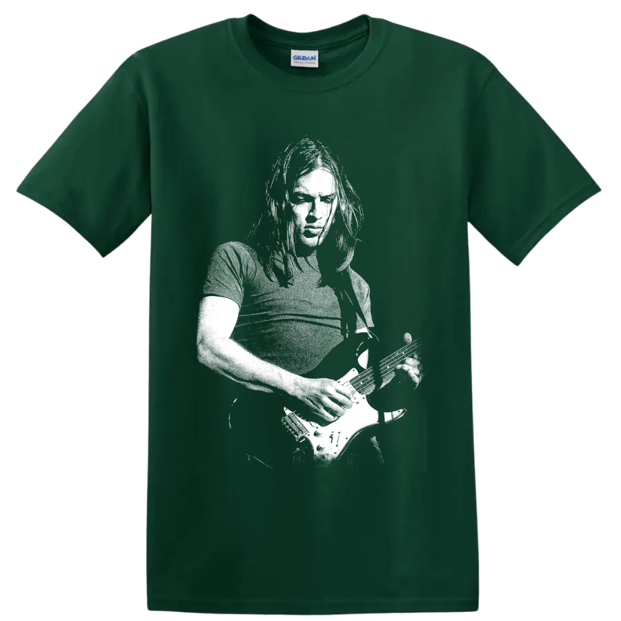 High-contrast David Gilmour portrait graphic inspired by Pink Floyd on a Forest Green T Shirt